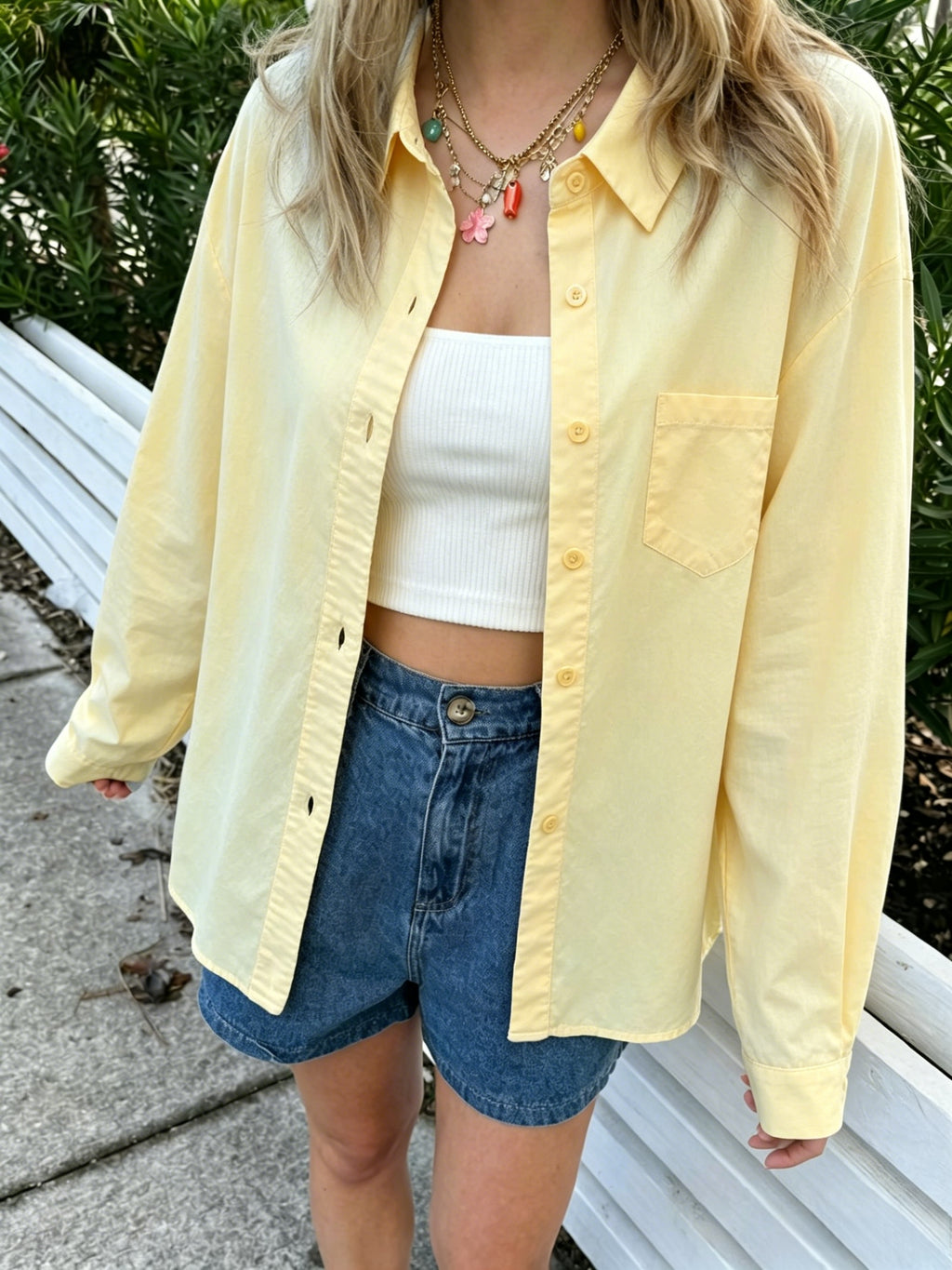 Oversized Cotton Button Down Shirt With Pocket - Yellow - 2