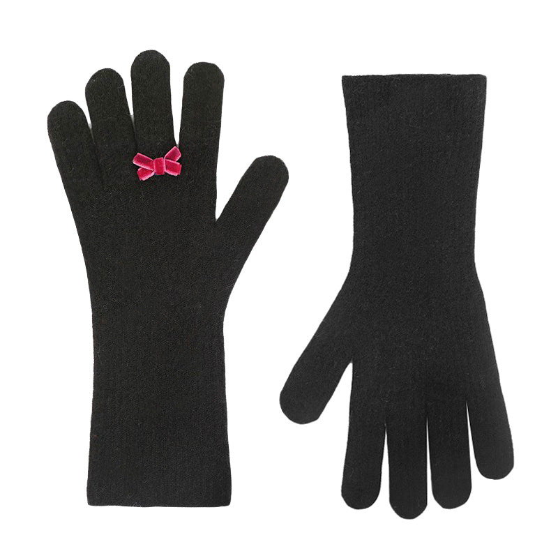 Extra Long Knit Gloves With Bow Charm - Black