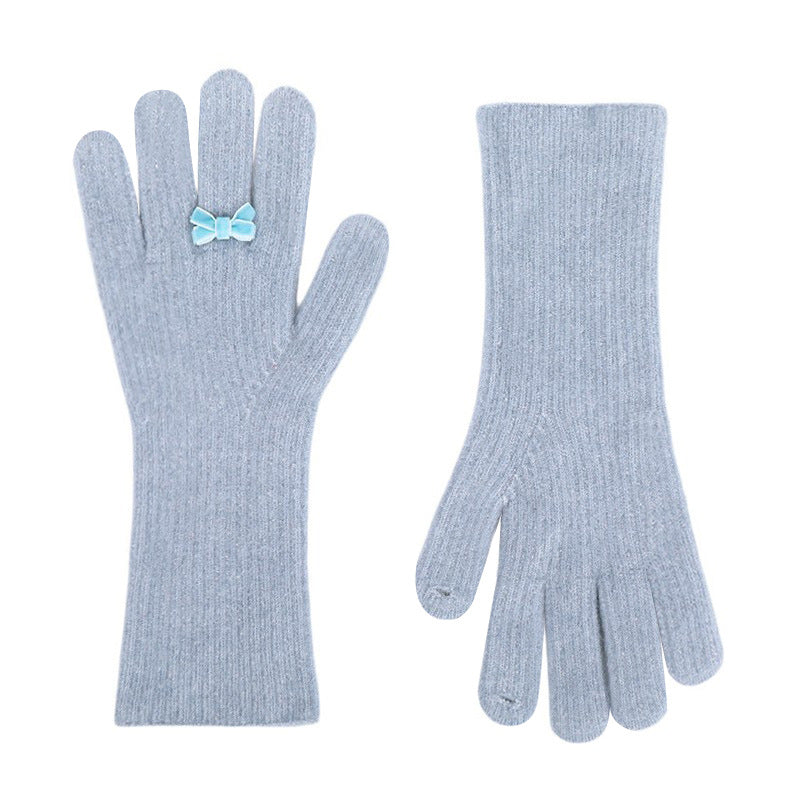 Extra Long Knit Gloves With Bow Charm - Blue