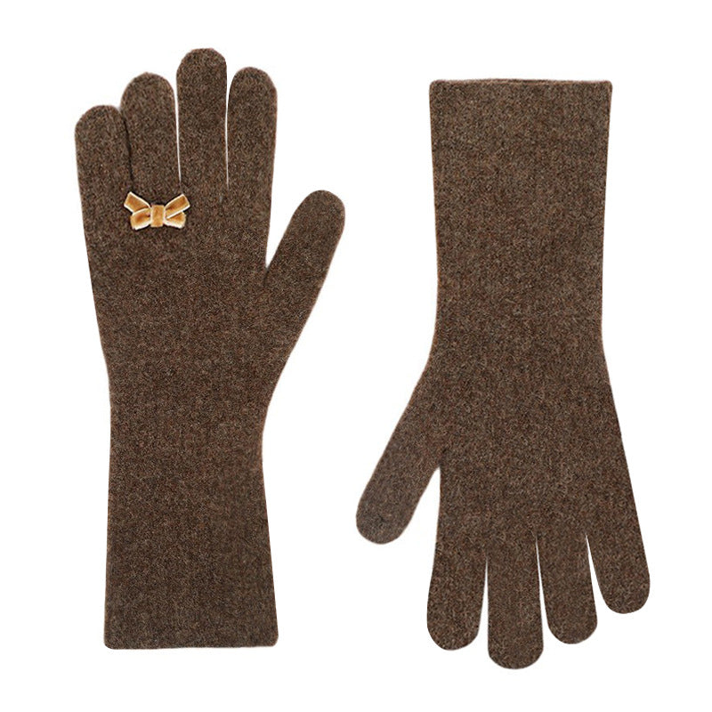 Extra Long Knit Gloves With Bow Charm - Brown
