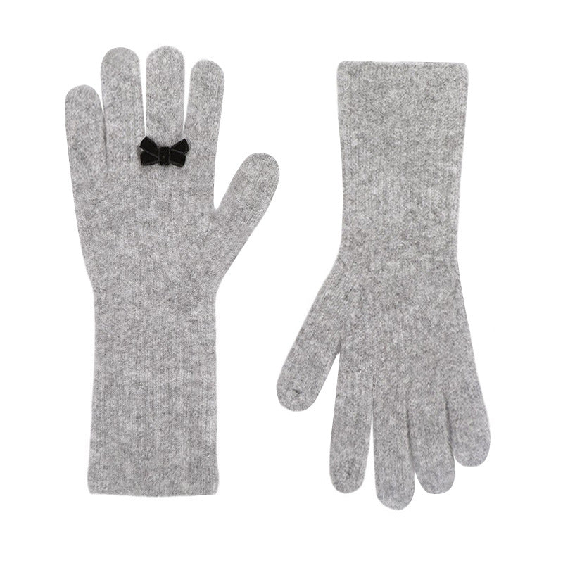 Extra Long Knit Gloves With Bow Charm - Grey