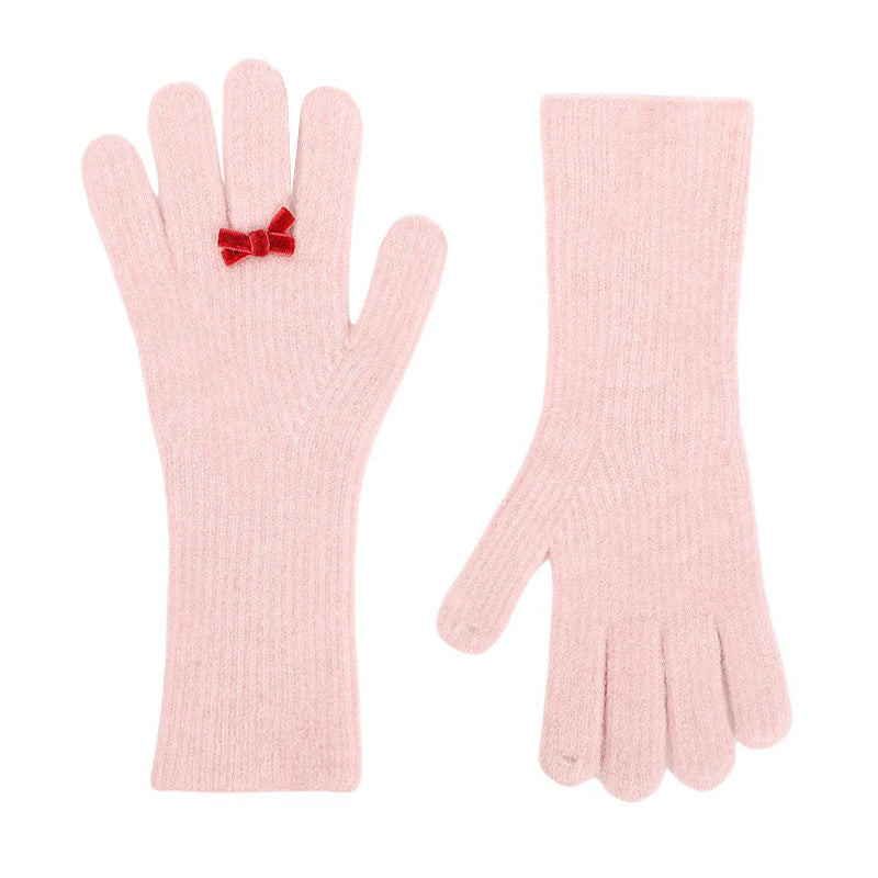 Extra Long Knit Gloves With Bow Charm - Pink