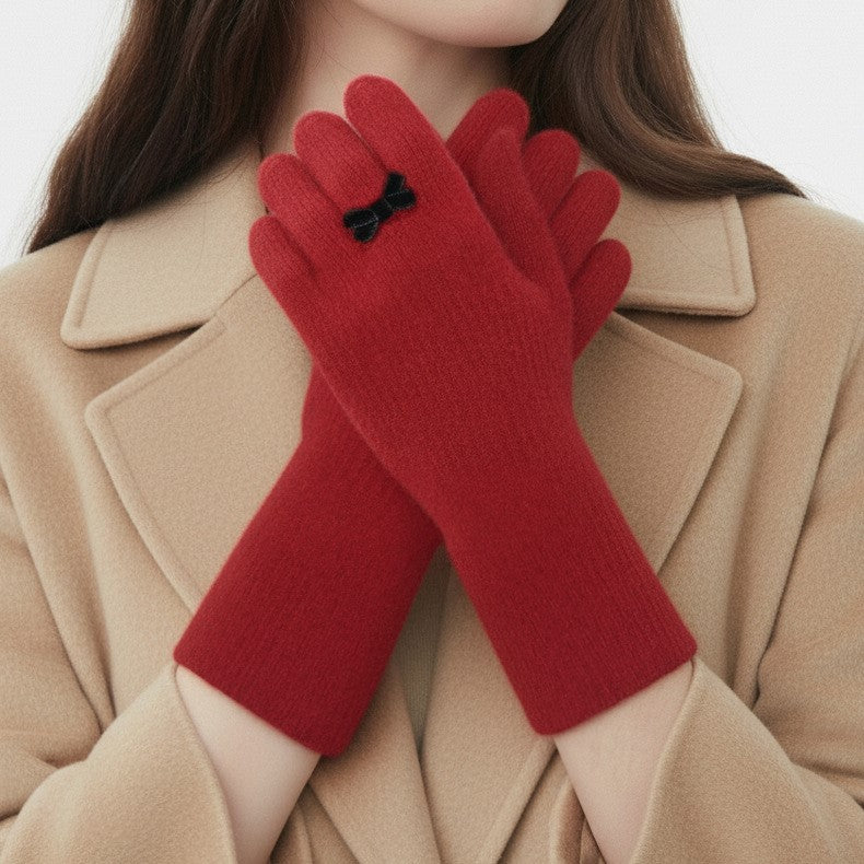 Extra Long Knit Gloves With Bow Charm - Red