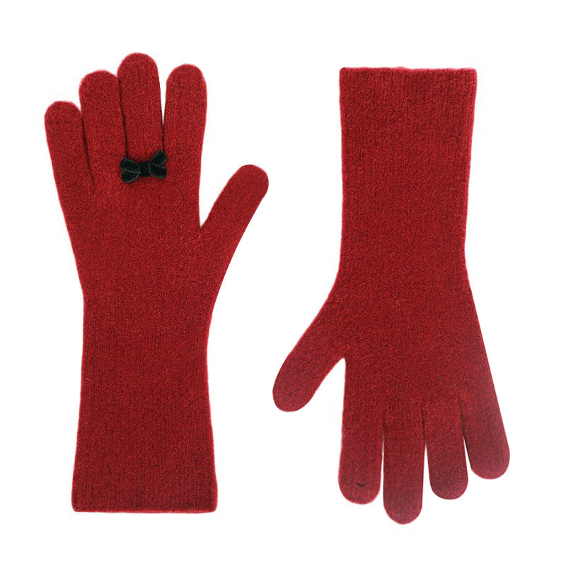 Extra Long Knit Gloves With Bow Charm - Red - 1