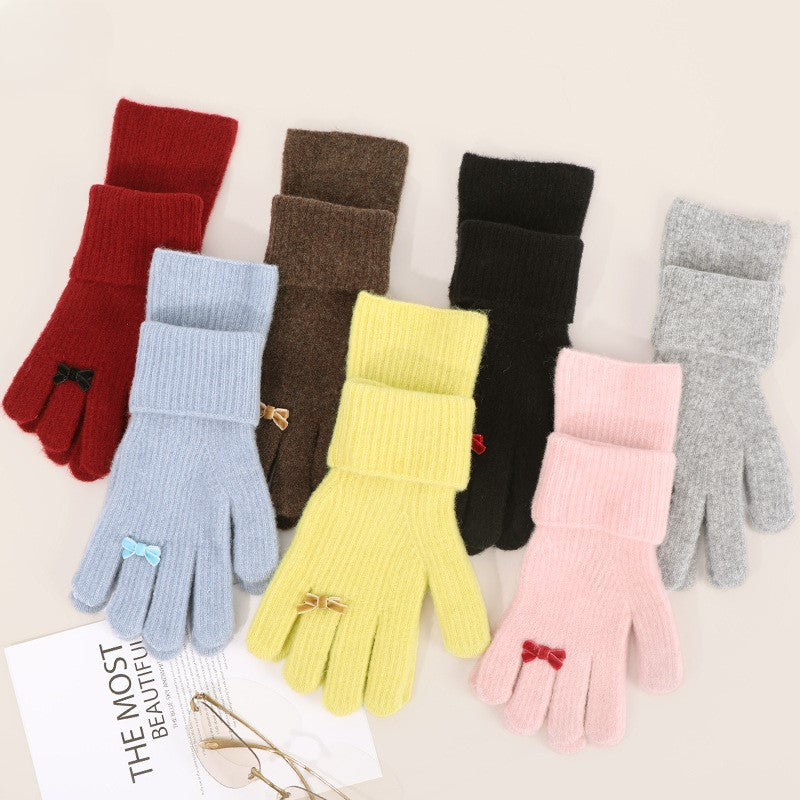 Extra Long Knit Gloves With Bow Charm - Red - 2