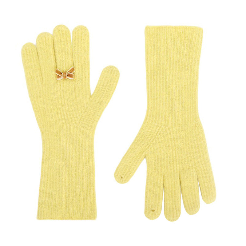 Extra Long Knit Gloves With Bow Charm - Yellow