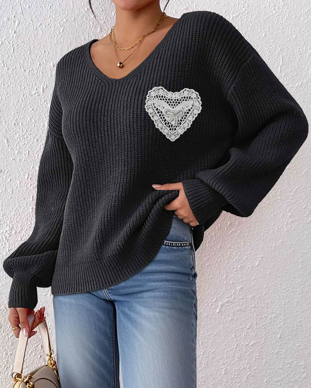 Lace Heart Applique V-Neck Knit Sweater - Black