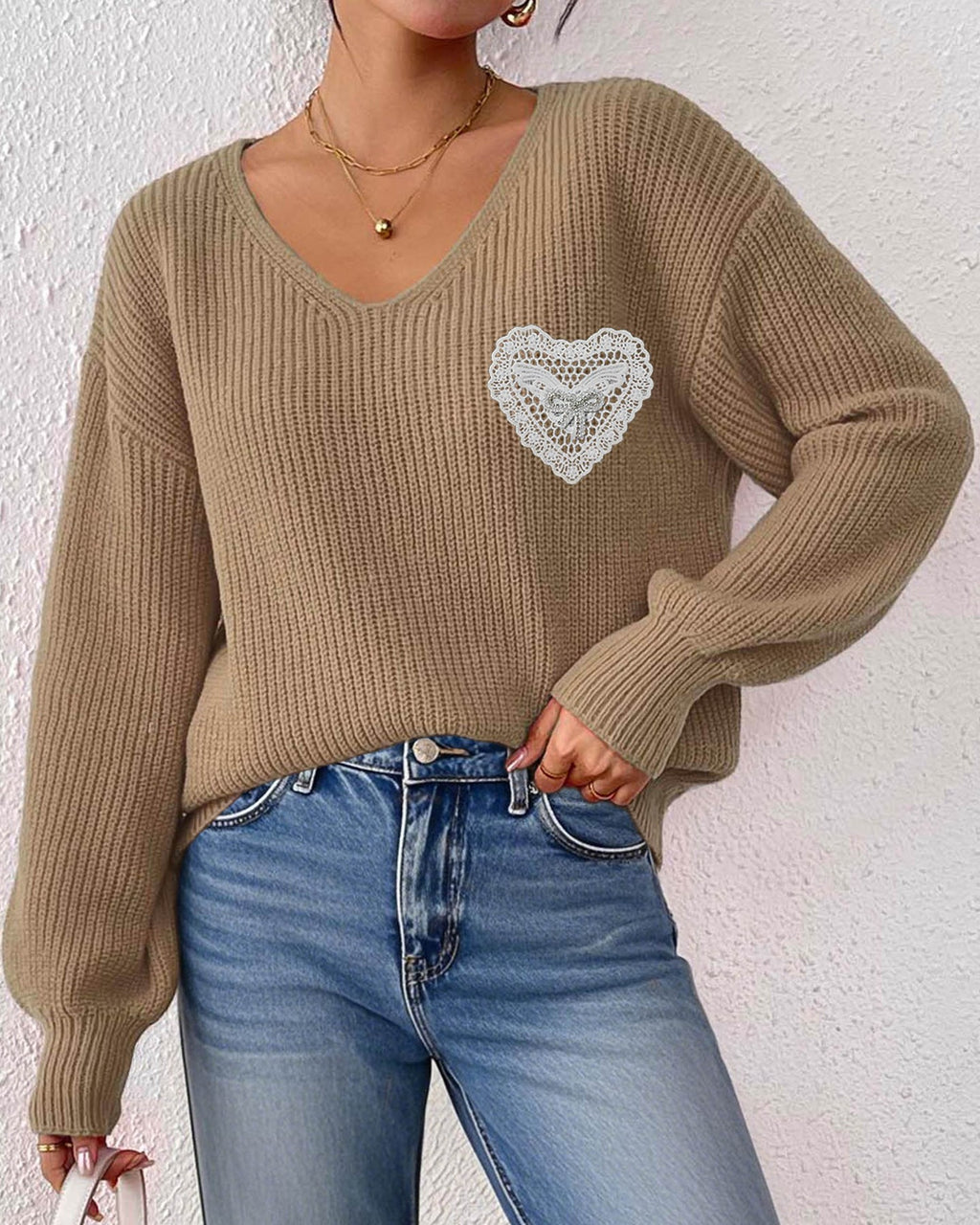 Lace Heart Applique V-Neck Knit Sweater - Camel