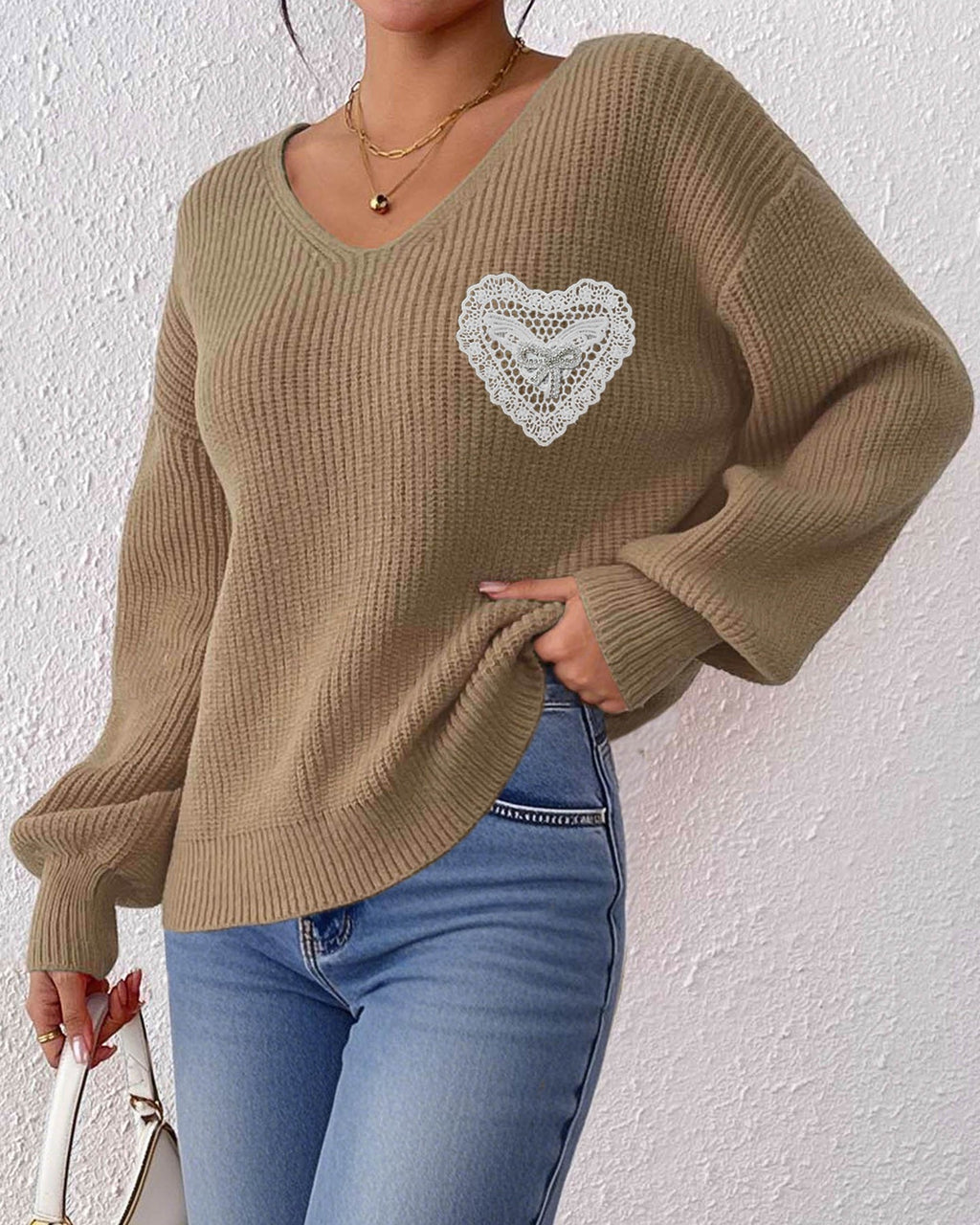 Lace Heart Applique V-Neck Knit Sweater - Camel - 1