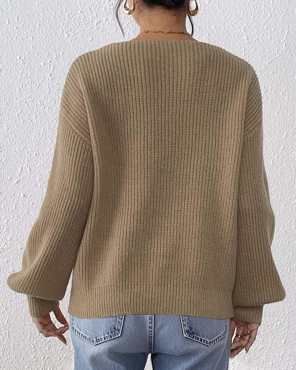 Lace Heart Applique V-Neck Knit Sweater - Camel - 2