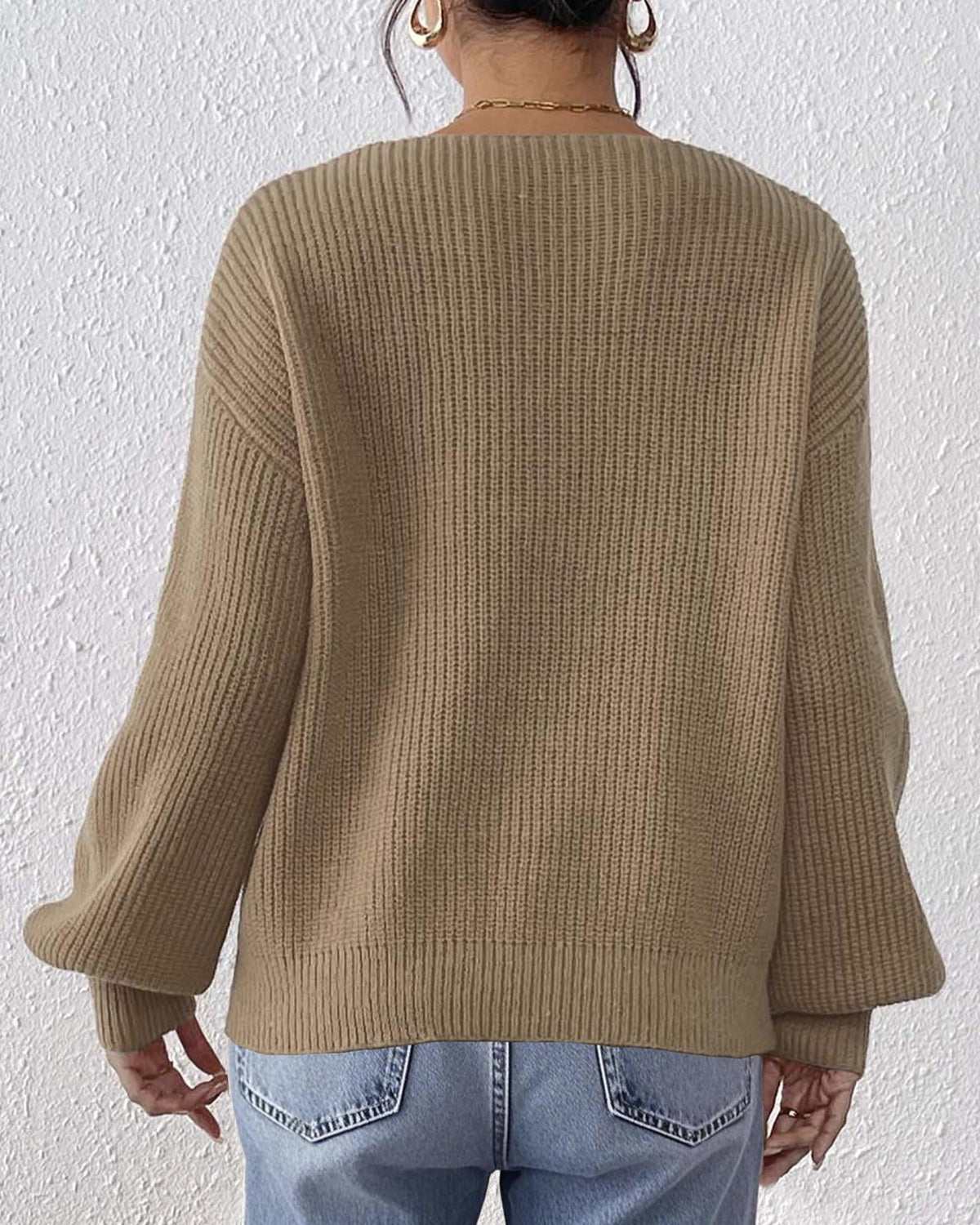 Lace Heart Applique V-Neck Knit Sweater - Camel - 2