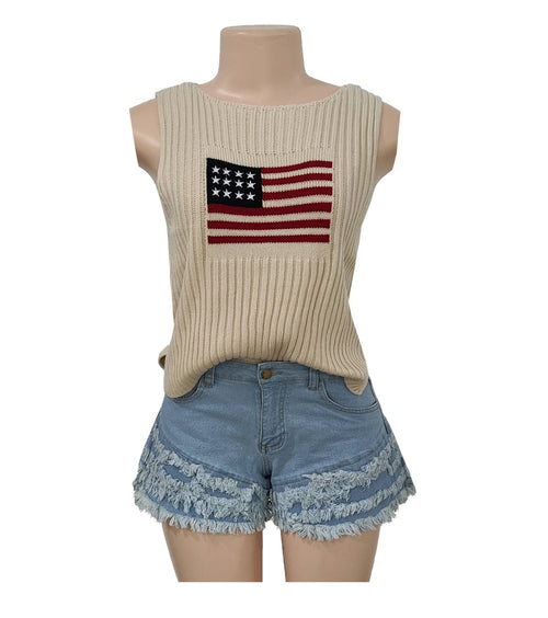 American Flag Knit Sleeveless Vest Top