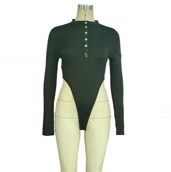 Button Placket Henley Long Sleeve Bodysuit - Black