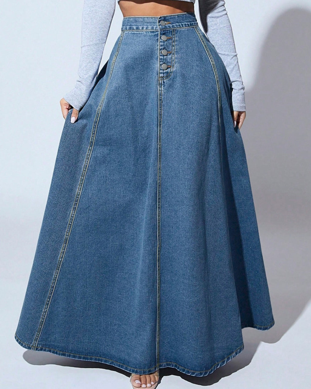 High Waist Denim Maxi Skirt With Pockets - Dark-Blue