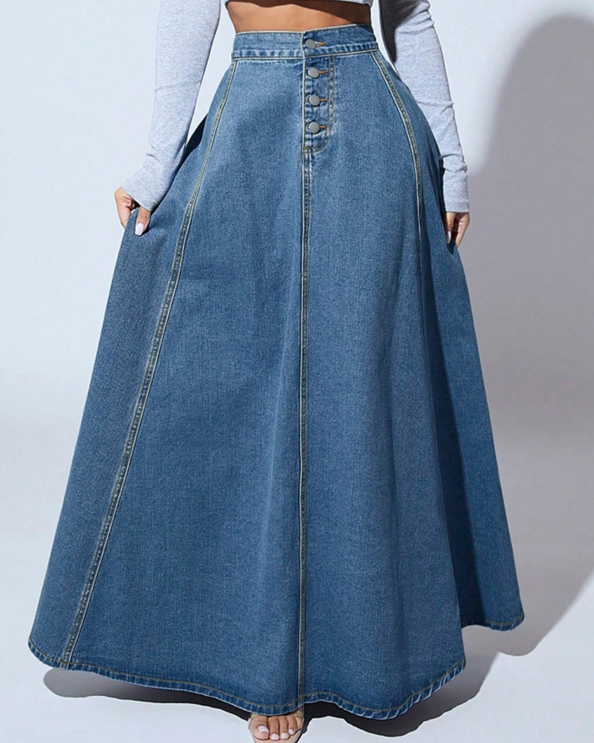 High Waist Denim Maxi Skirt With Pockets - Dark-Blue