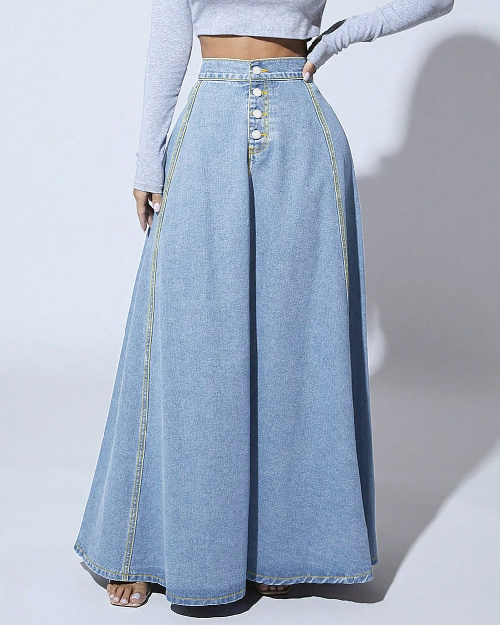 High Waist Denim Maxi Skirt With Pockets - Light-Blue