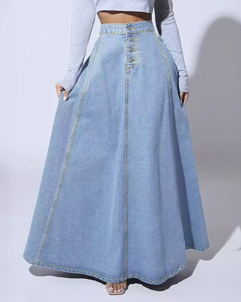 High Waist Denim Maxi Skirt With Pockets - Light-Blue - 1