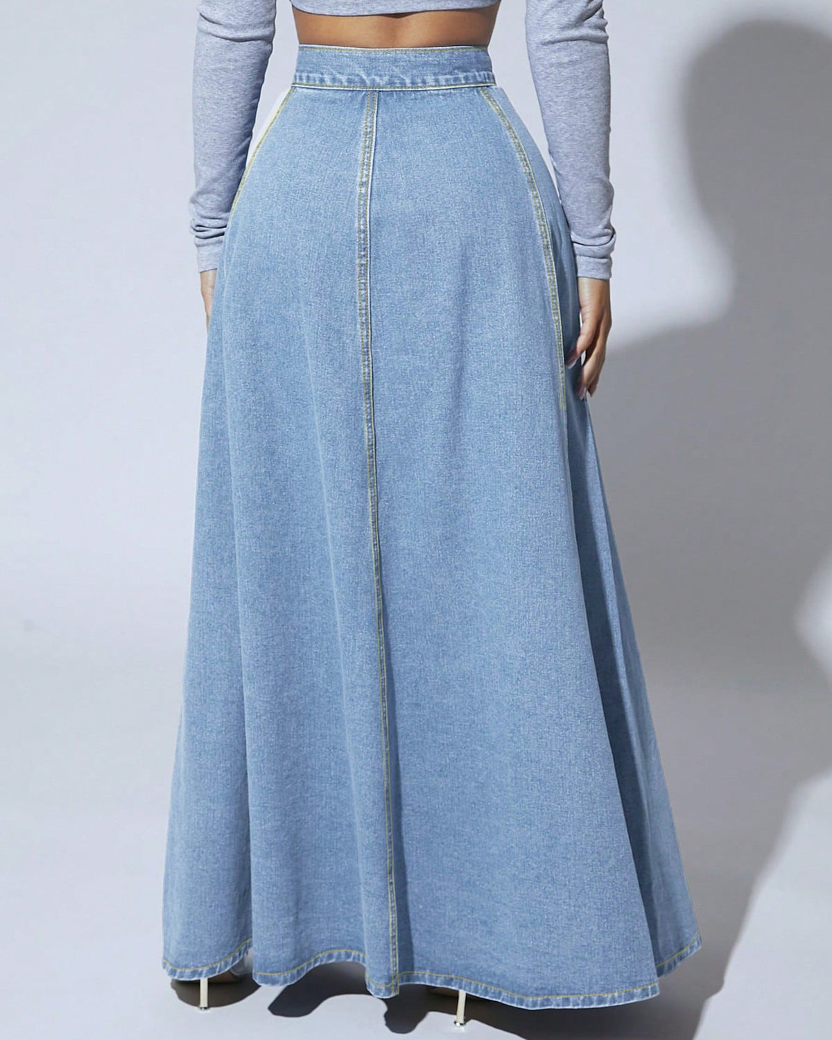 High Waist Denim Maxi Skirt With Pockets - Light-Blue - 2