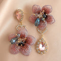 Asymmetric Fabric Flower Crystal Earrings - Pink
