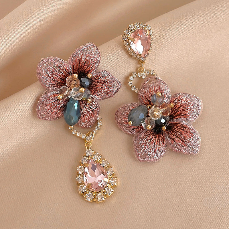 Asymmetric Fabric Flower Crystal Earrings - Pink - 1
