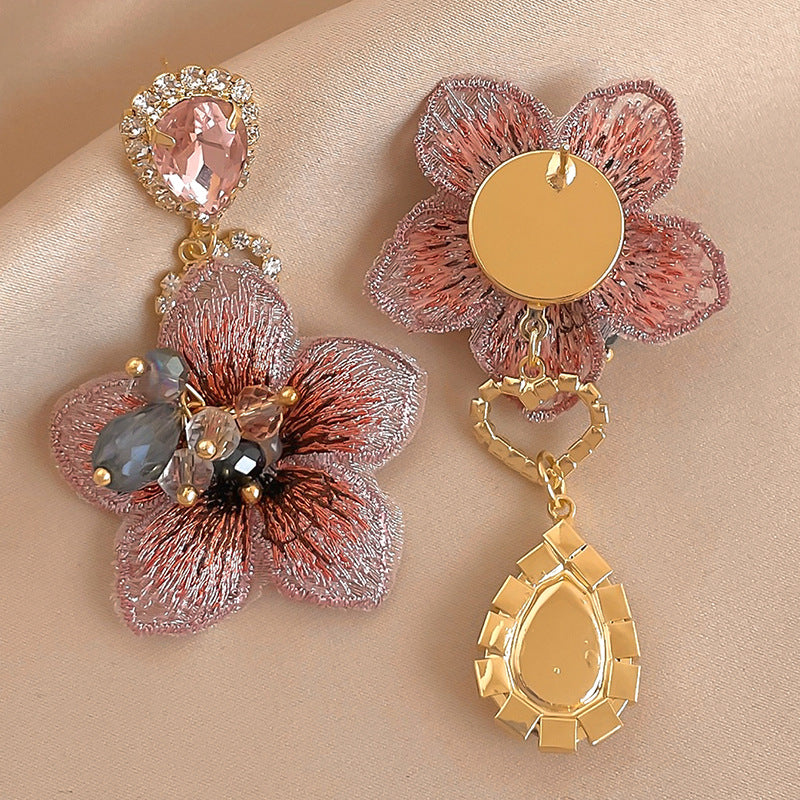 Asymmetric Fabric Flower Crystal Earrings - Pink - 2