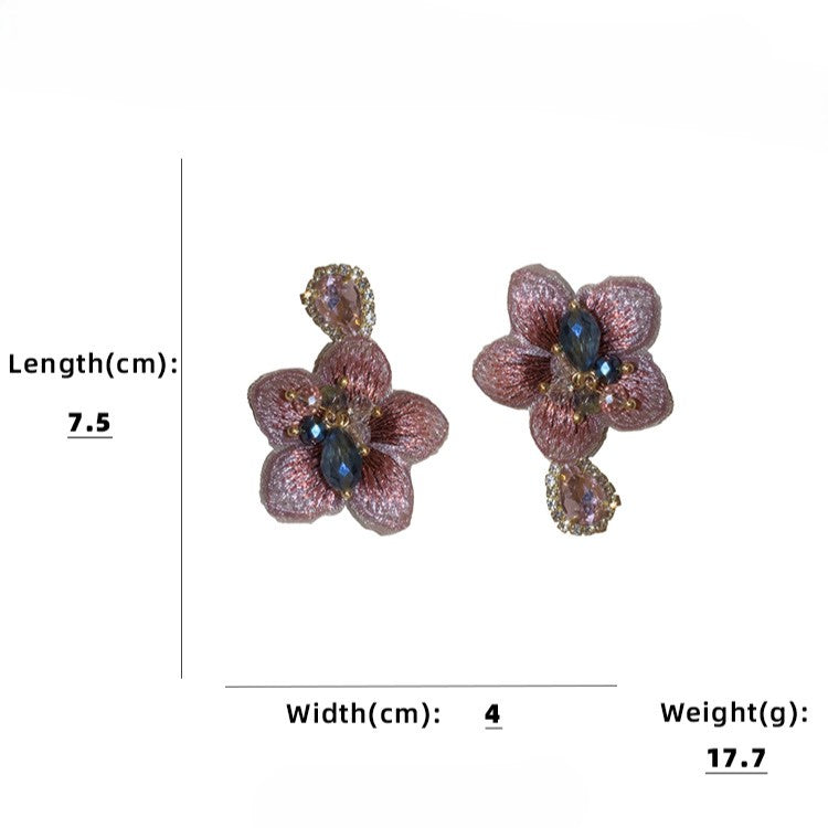 Asymmetric Fabric Flower Crystal Earrings - Pink - 3