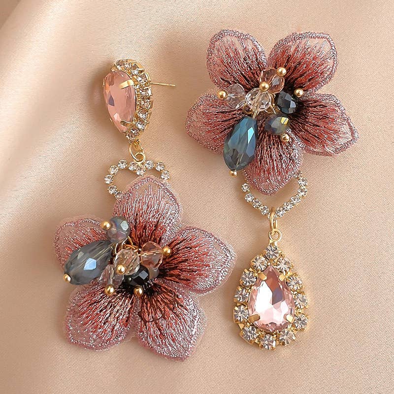 Asymmetric Fabric Flower Crystal Earrings