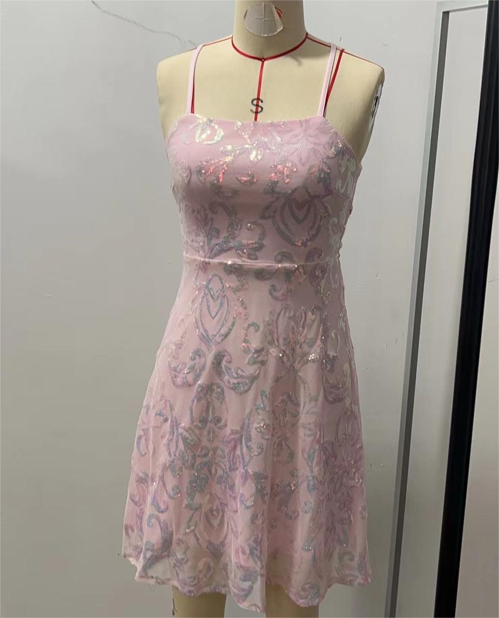 Strappy Backless Sequin Party Mini Dress - Pink - 1