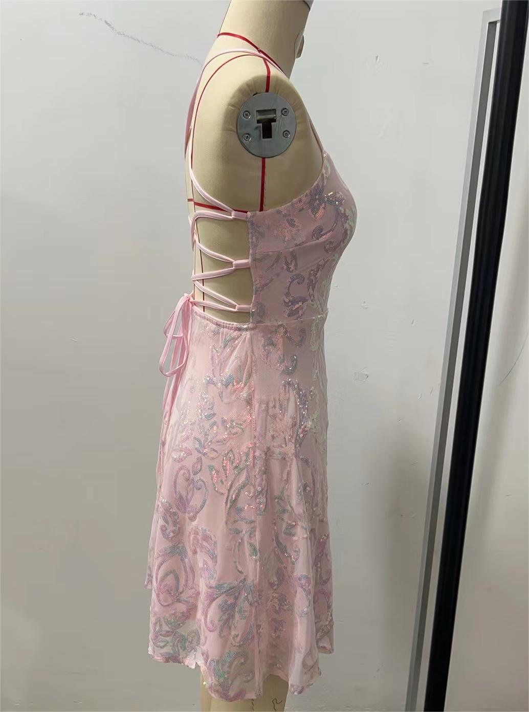 Strappy Backless Sequin Party Mini Dress - Pink - 2