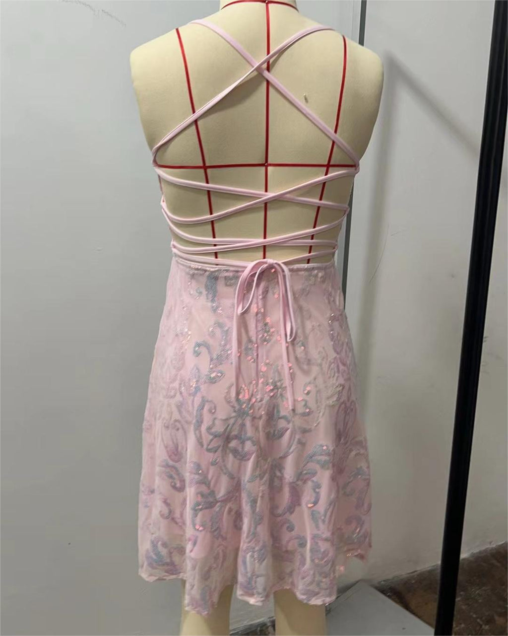 Strappy Backless Sequin Party Mini Dress - Pink - 3