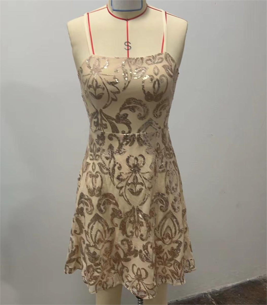 Strappy Backless Sequin Party Mini Dress - golden