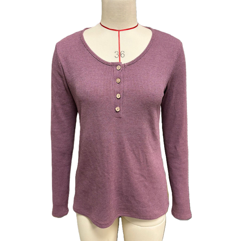 Ribbed Henley Button Front Long Sleeve Top - Purple