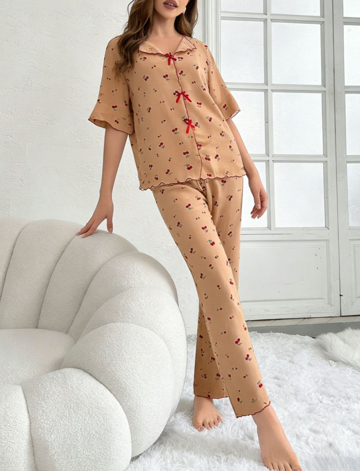 Cherry Print Bow Front Pajama Set - Brown - 1