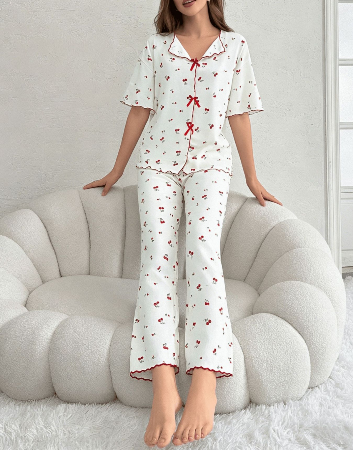 Cherry Print Bow Front Pajama Set - White - 1