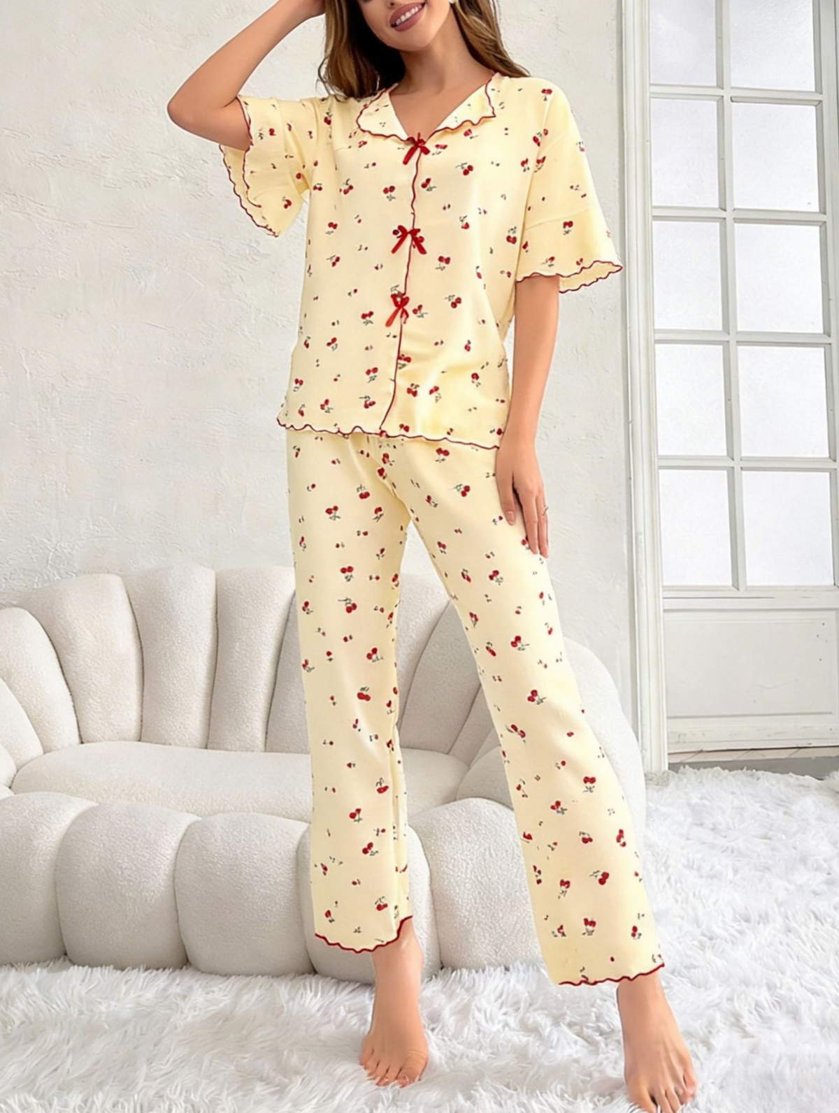 Cherry Print Bow Front Pajama Set - Yellow - 1