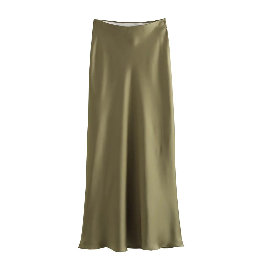 Bias Cut Satin Fishtail Midi Skirt - AGreen