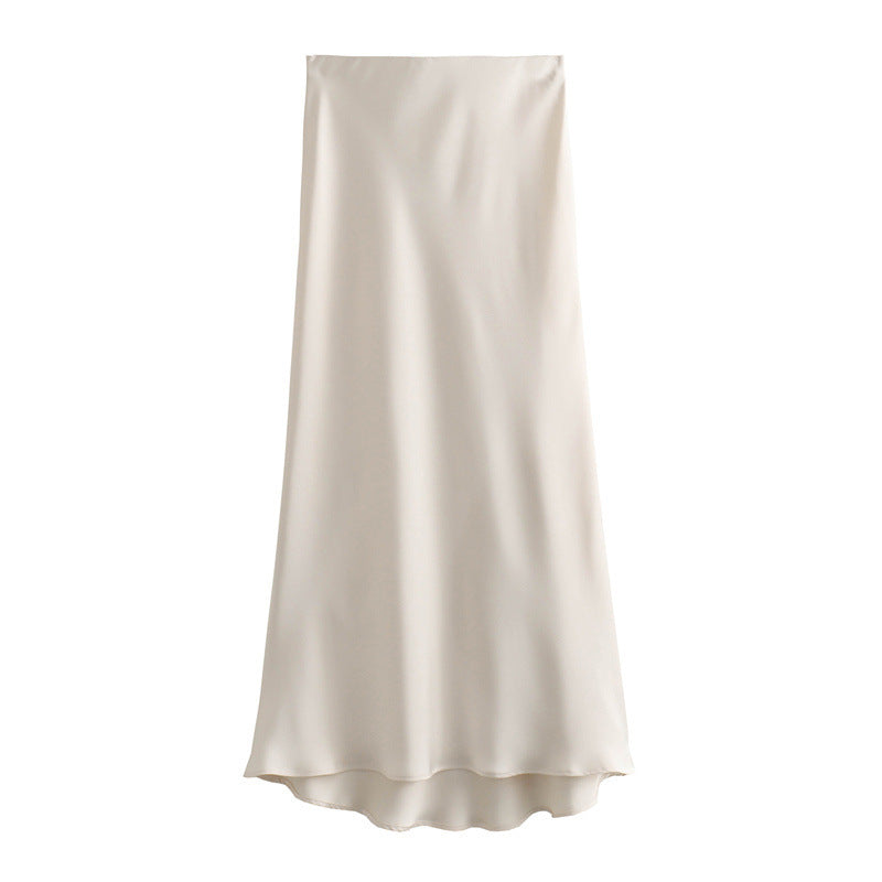 Bias Cut Satin Fishtail Midi Skirt - Beige