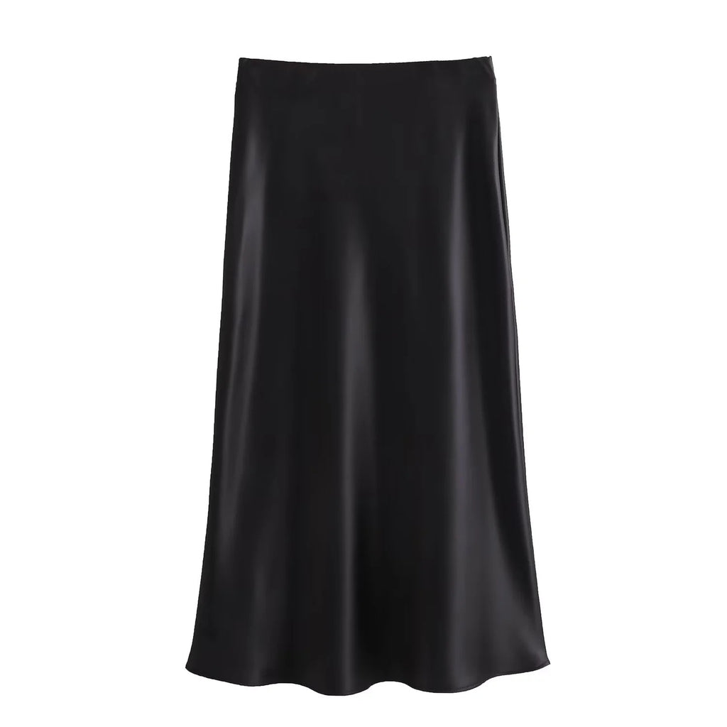 Bias Cut Satin Fishtail Midi Skirt - Black