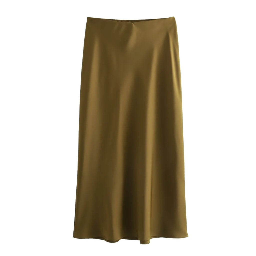 Bias Cut Satin Fishtail Midi Skirt - Brown