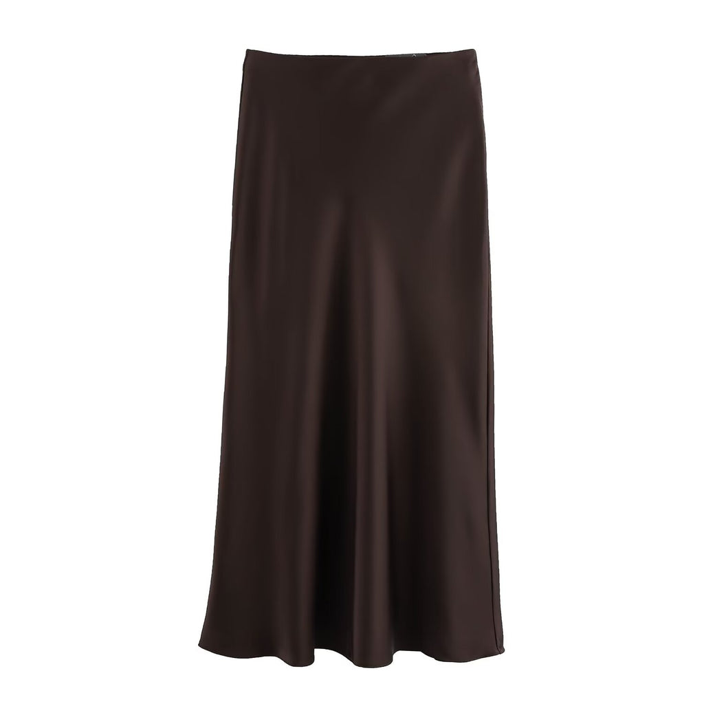 Bias Cut Satin Fishtail Midi Skirt - Coffee