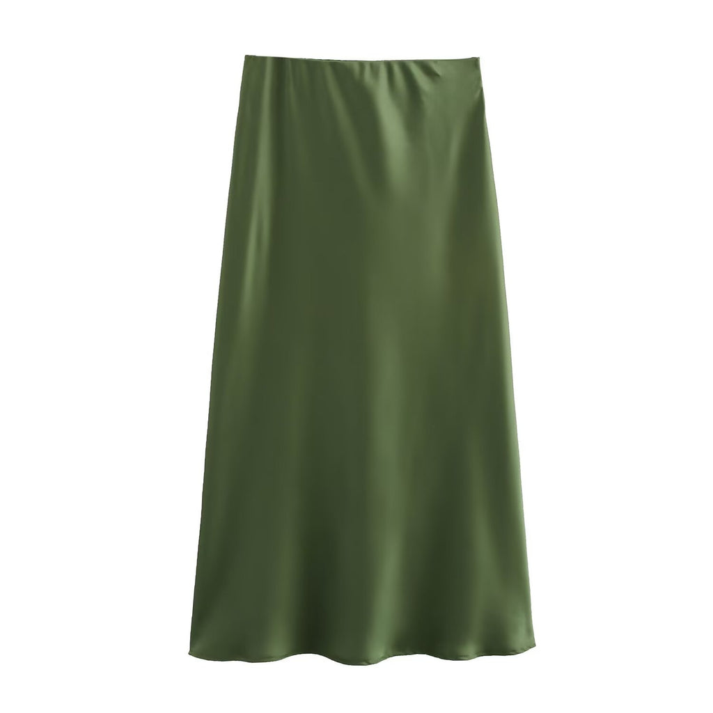 Bias Cut Satin Fishtail Midi Skirt - DGreen