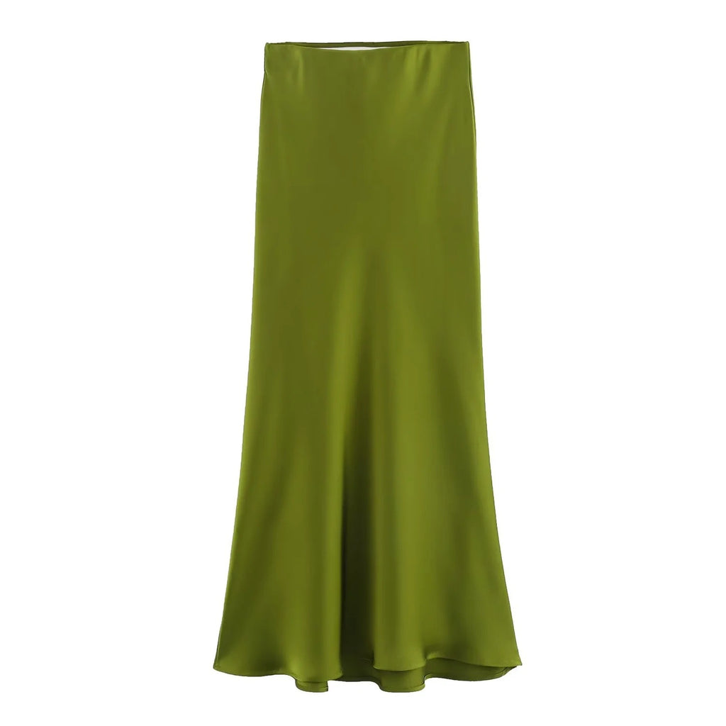 Bias Cut Satin Fishtail Midi Skirt - Green
