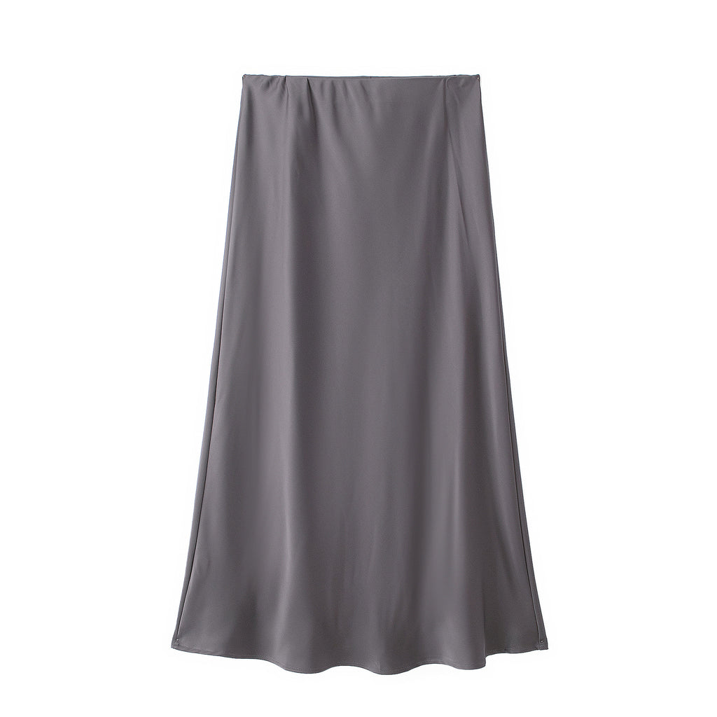 Bias Cut Satin Fishtail Midi Skirt - Grey