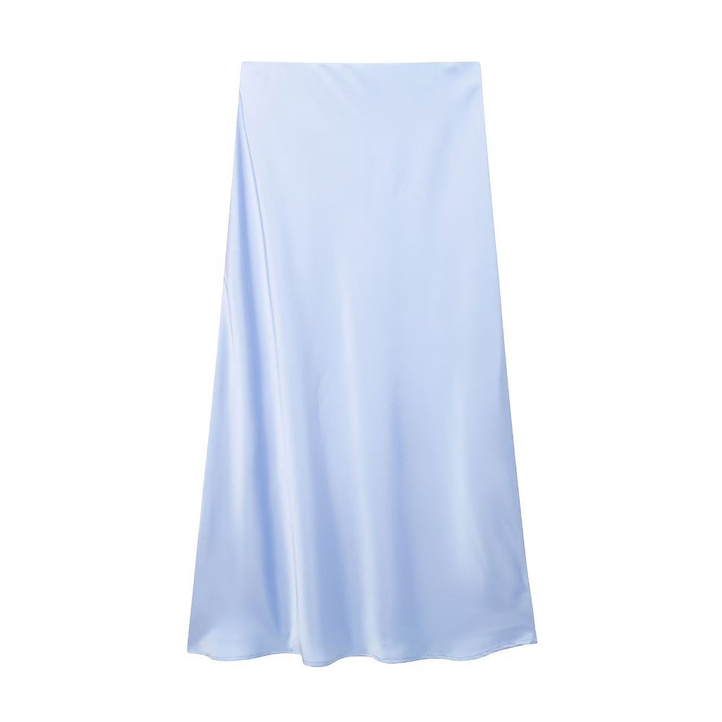 Bias Cut Satin Fishtail Midi Skirt - LBlue