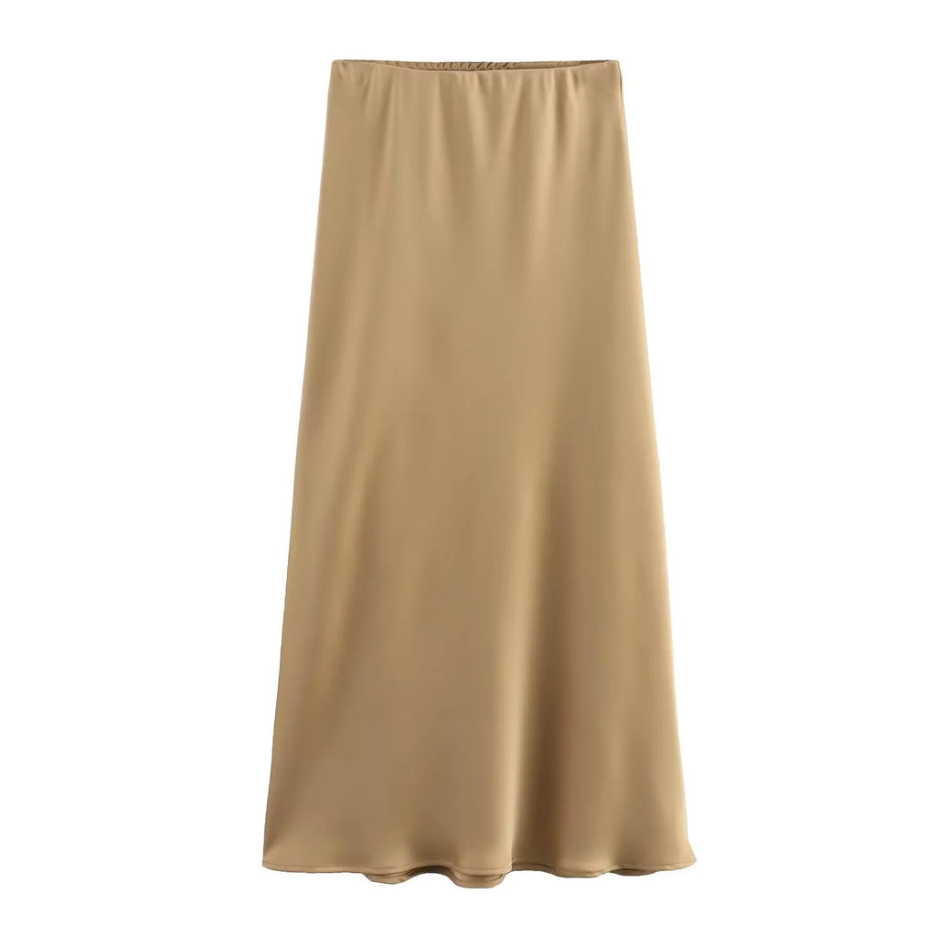 Bias Cut Satin Fishtail Midi Skirt - LKhaki