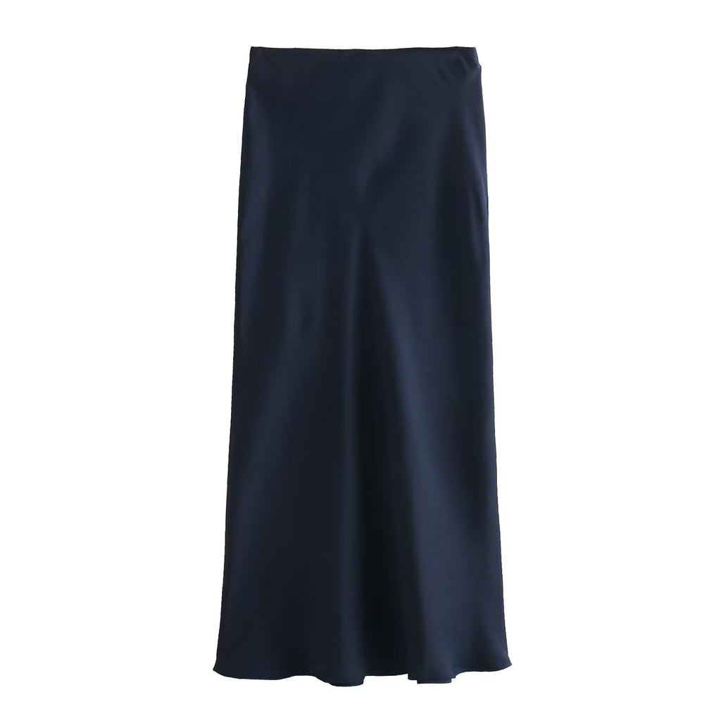 Bias Cut Satin Fishtail Midi Skirt - NavyBlue
