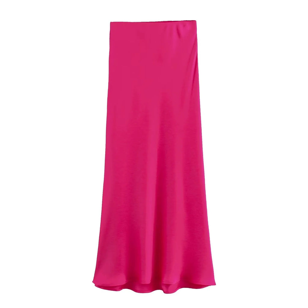 Bias Cut Satin Fishtail Midi Skirt - Rose_Red