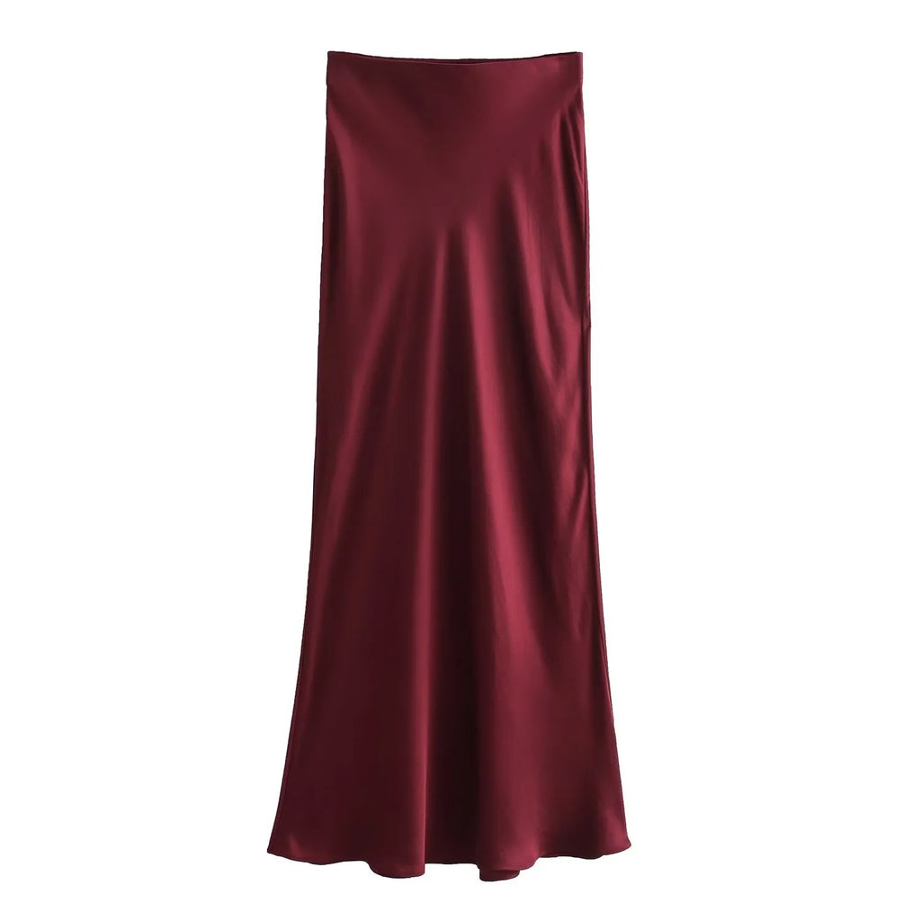 Bias Cut Satin Fishtail Midi Skirt - Wine_Red