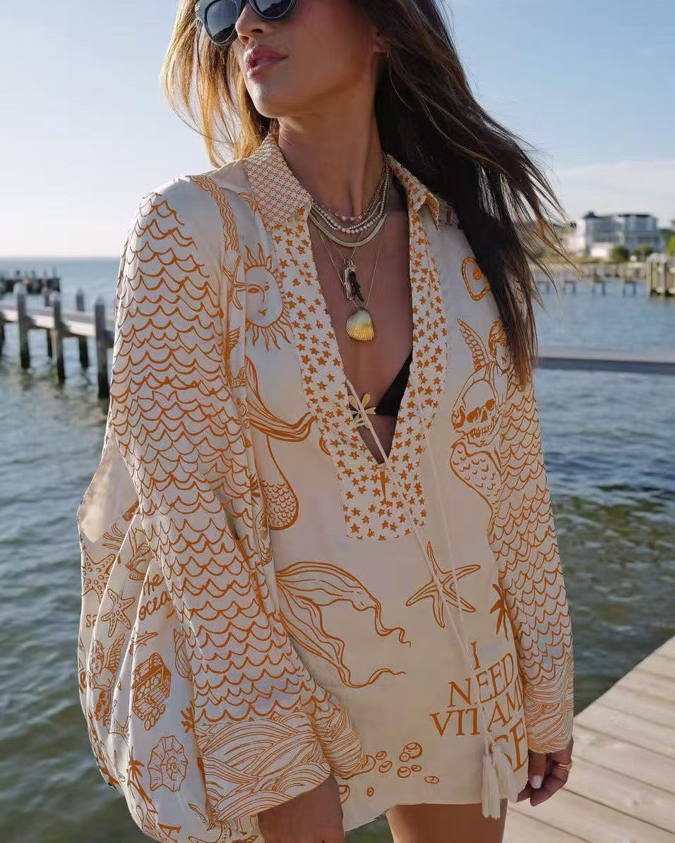 Ocean Print Shirt and Shorts Set - Yellow