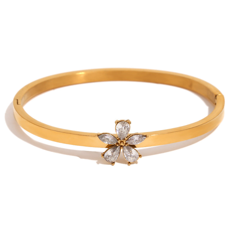 Pave Flower Slim Hinged Bangle Bracelet - Gold